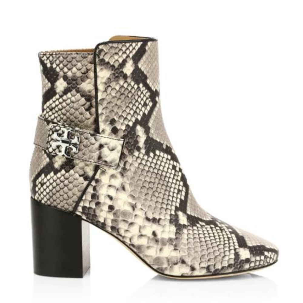 Tory Burch Kira Booties Leather Ankle Boots Snakeskin Embossed Size 8 Block Heel